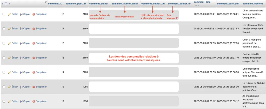 Capture d'écran de la table wp_comments dans phpMyAdmin, montrant plusieurs commentaires laissés sur un article de test, avec les colonnes comment_author, comment_author_email, comment_author_url et comment_author_IP volontairement masquées pour protéger les données personnelles.