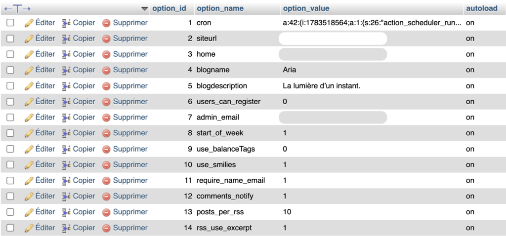 Capture d'écran de la table wp_options dans phpMyAdmin, montrant plusieurs réglages généraux d'un site WordPress, le nom et la description du site, les préférences de commentaires et de flux RSS, avec les colonnes siteurl, home et admin_email volontairement masquées pour protéger les données sensibles.