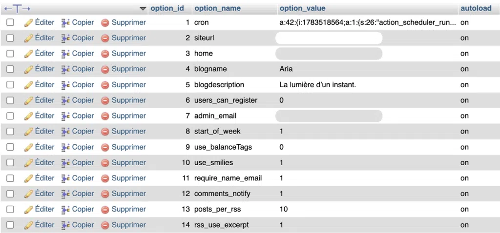 Capture d'écran de la table wp_options dans phpMyAdmin, montrant plusieurs réglages généraux d'un site WordPress, le nom et la description du site, les préférences de commentaires et de flux RSS, avec les colonnes siteurl, home et admin_email volontairement masquées pour protéger les données sensibles.