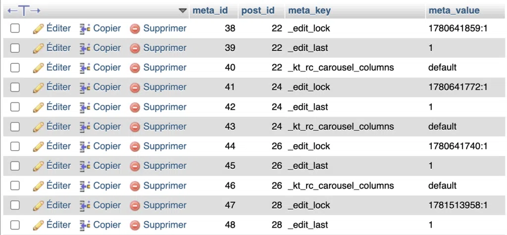 Capture d'écran de la table wp_postmeta dans phpMyAdmin, montrant des lignes de métadonnées techniques comme _edit_lock, _edit_last et _kt_rc_carousel_columns, rattachées à différentes publications par leur post_id.