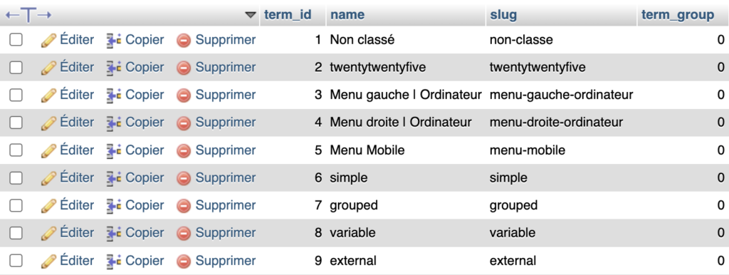 Capture d'écran de la table wp_terms dans phpMyAdmin, montrant plusieurs termes utilisés sur un site WordPress, une catégorie par défaut, le nom du thème actif, des emplacements de menu, et des types de produits WooCommerce.