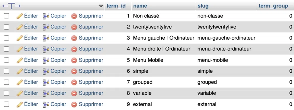 Capture d'écran de la table wp_terms dans phpMyAdmin, montrant plusieurs termes utilisés sur un site WordPress, une catégorie par défaut, le nom du thème actif, des emplacements de menu, et des types de produits WooCommerce.