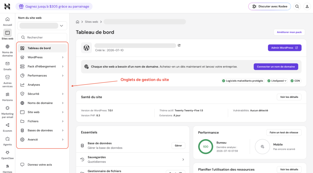 Tableau de bord d'un site WordPress dans le hPanel Hostinger avec l'onglet Bases de données dans le menu de gestion.