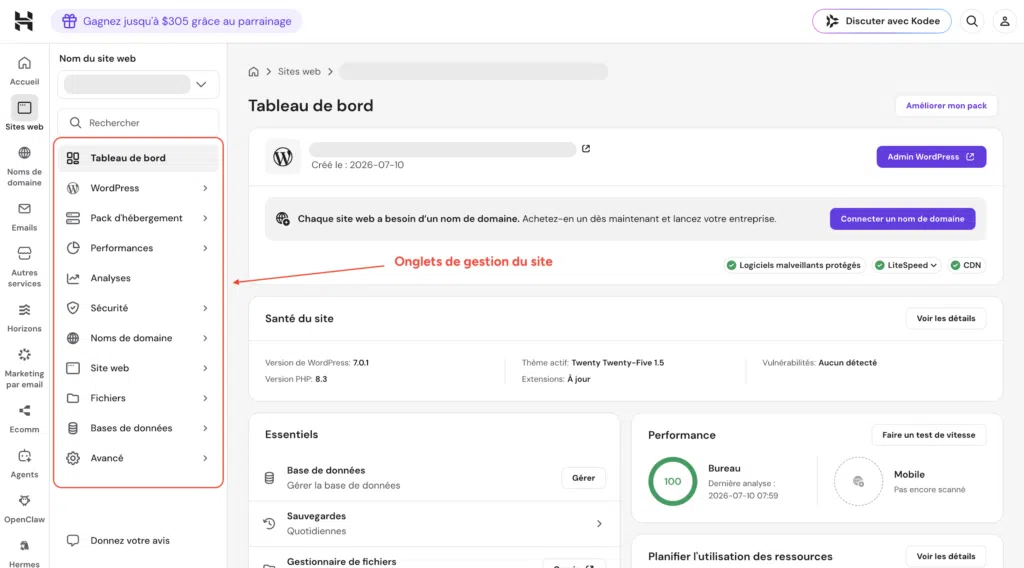 Tableau de bord d'un site WordPress dans le hPanel Hostinger avec l'onglet Bases de données dans le menu de gestion.