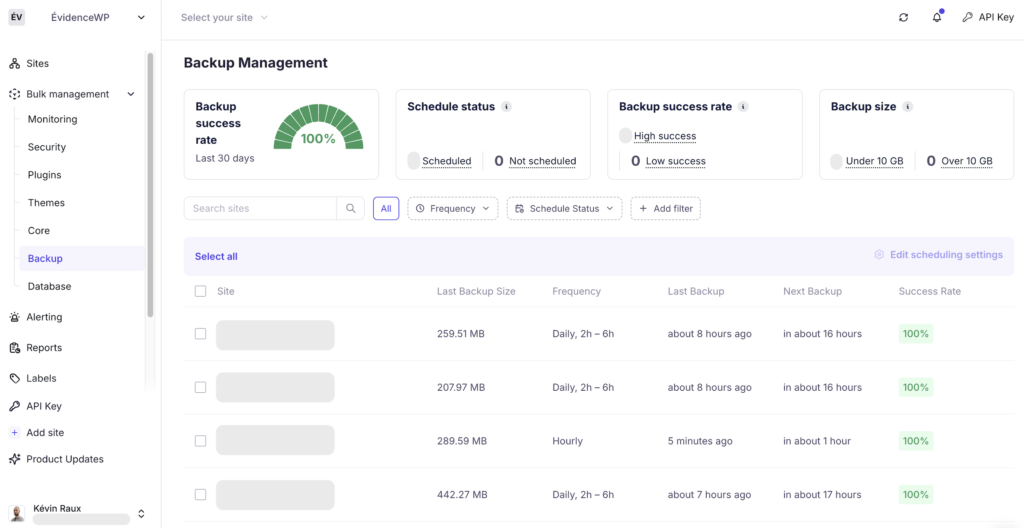 Tableau de bord des sauvegardes WP Umbrella affichant un taux de succès à 100 pour cent et la fréquence de sauvegarde programmée pour plusieurs sites WordPress.