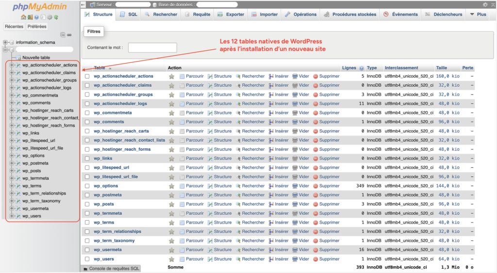 Interface phpMyAdmin affichant les douze tables natives d'une base de données WordPress fraîchement installée.
