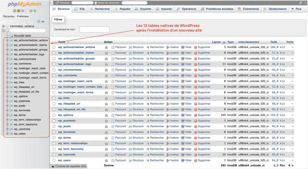 Interface phpMyAdmin affichant les douze tables natives d'une base de données WordPress fraîchement installée.