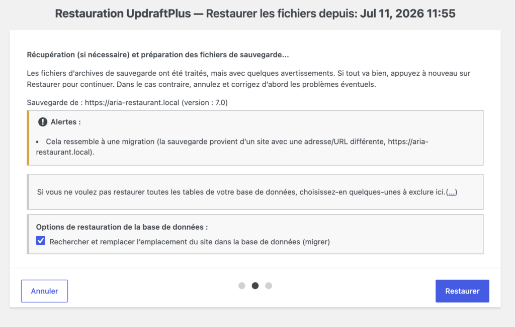 Alerte de migration UpdraftPlus avec la case "Rechercher et remplacer l'emplacement du site" cochée