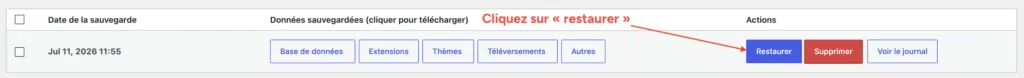 Ligne d'une sauvegarde terminée dans UpdraftPlus avec le bouton "Restaurer" en évidence