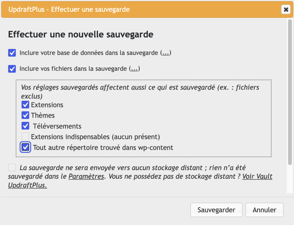 Fenêtre de sélection des éléments à inclure dans une sauvegarde UpdraftPlus, base de données, extensions, thèmes et téléversements.