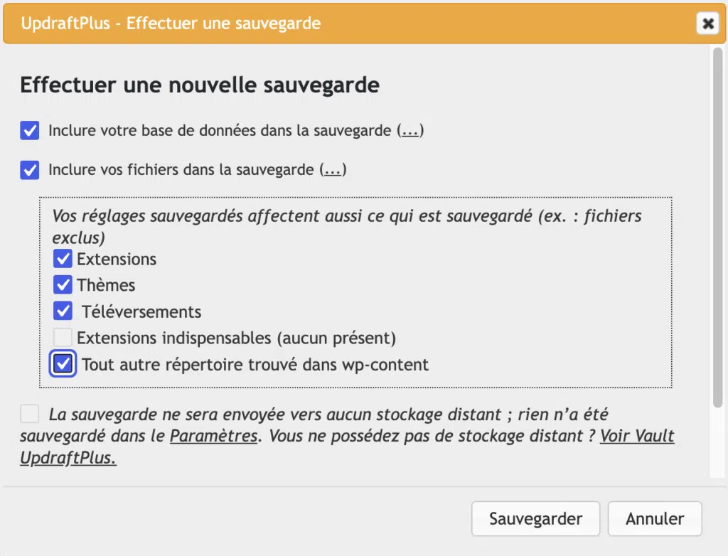 Fenêtre de sélection des éléments à inclure dans une sauvegarde UpdraftPlus, base de données, extensions, thèmes et téléversements.