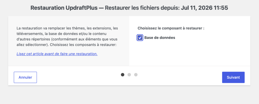 Première étape de la restauration UpdraftPlus avec la case "Base de données" cochée.