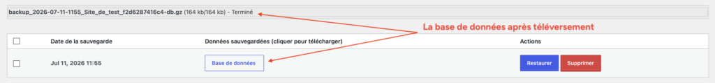 Fichier de base de données téléversé manuellement dans UpdraftPlus, prêt à être restauré avec le bouton "Restaurer".