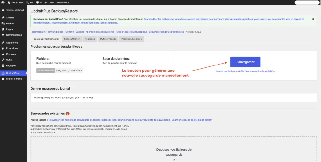 Bouton "Sauvegarder" dans UpdraftPlus pour lancer manuellement une nouvelle sauvegarde de la base de données WordPress.