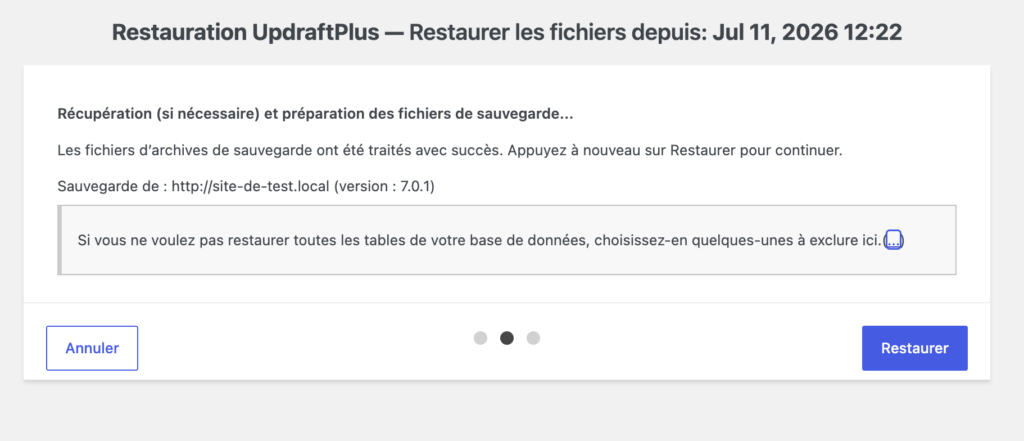 Étape de restauration UpdraftPlus sans alerte de migration, domaine identique à la sauvegarde.