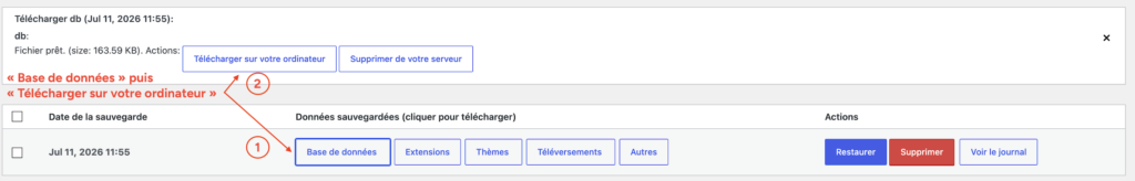 Bouton "Télécharger sur votre ordinateur" pour récupérer le fichier de base de données d'une sauvegarde UpdraftPlus.
