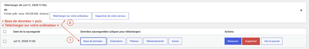 Bouton "Télécharger sur votre ordinateur" pour récupérer le fichier de base de données d'une sauvegarde UpdraftPlus.