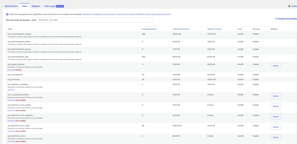 Onglet "Tables" de WP-Optimize listant les tables de la base de données avec détection des tables orphelines liées à des extensions désinstallées.