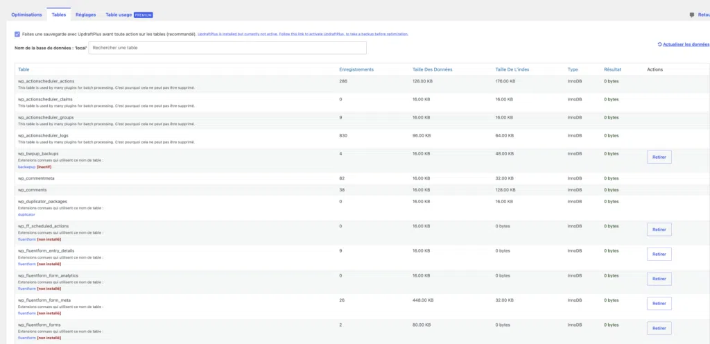 Onglet "Tables" de WP-Optimize listant les tables de la base de données avec détection des tables orphelines liées à des extensions désinstallées.