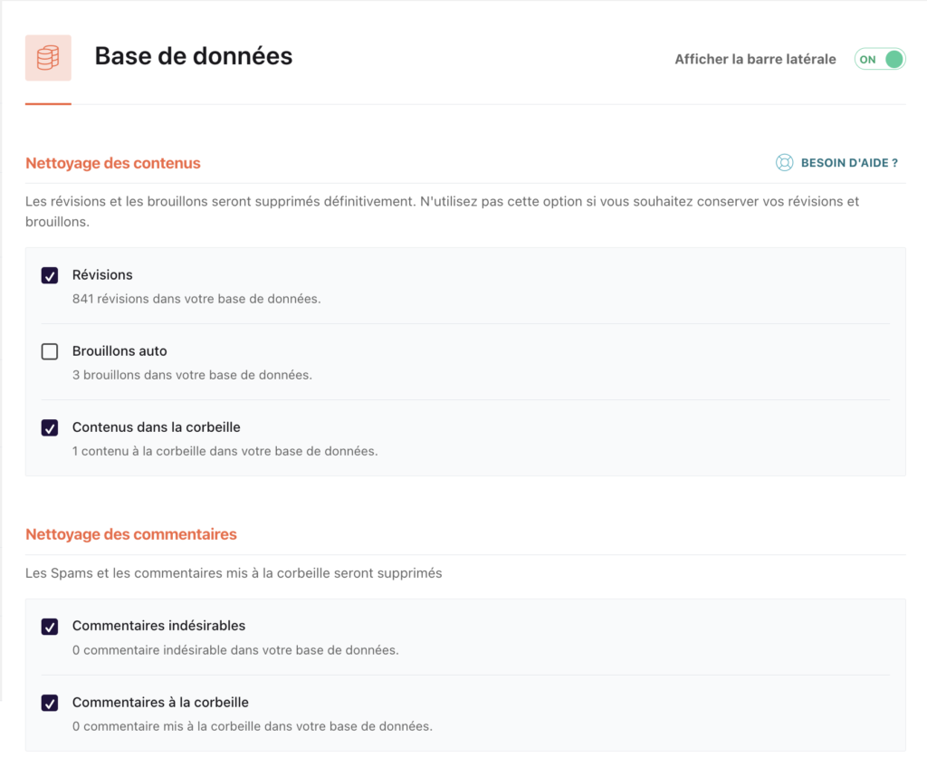 Interface de nettoyage de base de données WP Rocket avec les options révisions, brouillons auto, corbeille et commentaires indésirables.