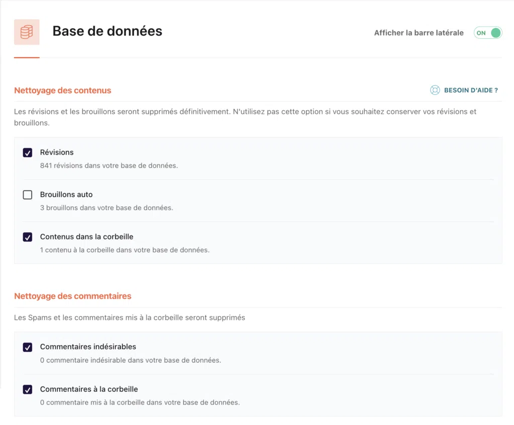 Interface de nettoyage de base de données WP Rocket avec les options révisions, brouillons auto, corbeille et commentaires indésirables.