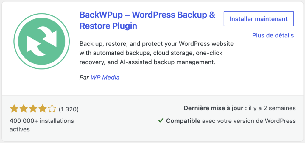 Fiche officielle de l'extension "BackWPup" sur le répertoire WordPress, avec sa note de 4 étoiles et ses 400 000 installations actives.
