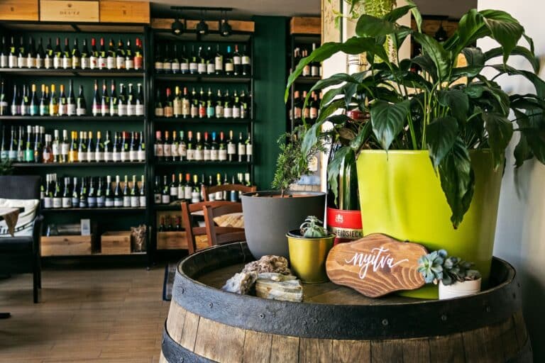 Étagères de bouteilles de vin dans un bar à vin au décor chaleureux.