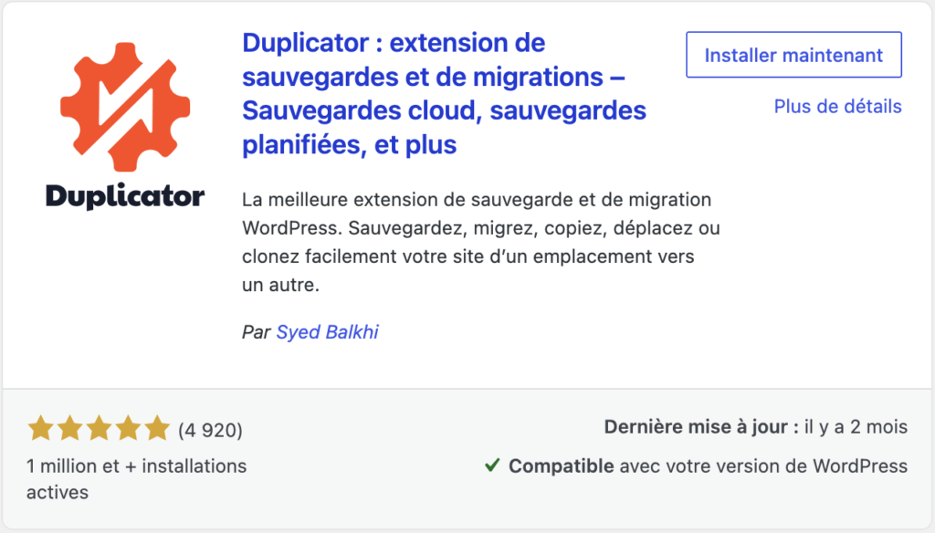 Fiche officielle de l'extension "Duplicator" sur le répertoire WordPress, avec sa note de 5 étoiles et son million d'installations actives.