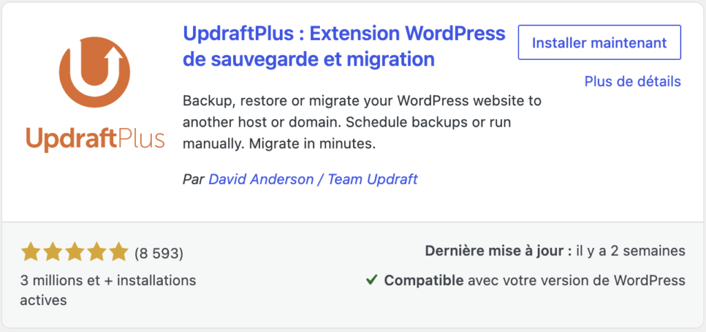 Fiche officielle de l'extension "UpdraftPlus" sur le répertoire WordPress, avec sa note de 5 étoiles et ses 3 millions d'installations actives.