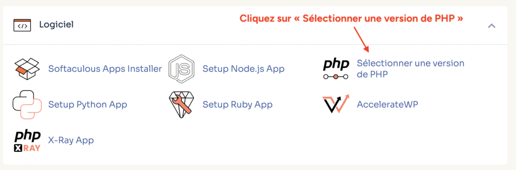Section "Logiciel" du cPanel avec l'option "Sélectionner une version de PHP" mise en évidence.