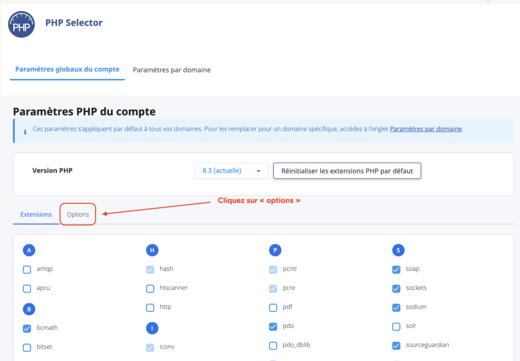 Interface PHP Selector avec l'onglet "Options" mis en évidence à côté de l'onglet "Extensions".