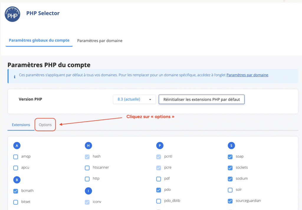 Interface PHP Selector avec l'onglet "Options" mis en évidence à côté de l'onglet "Extensions".