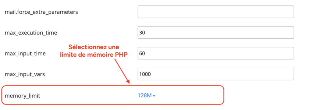 Réglage memory_limit du PHP Selector avec un sélecteur de valeur affichant 128M.