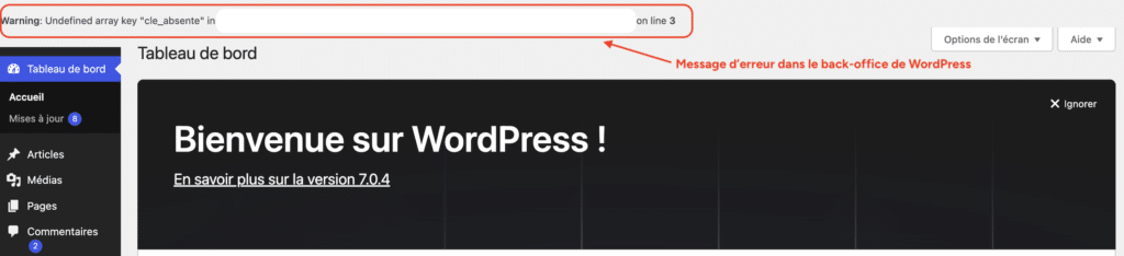 Message d'avertissement PHP affiché en haut du tableau de bord de WordPress après activation de WP_DEBUG_DISPLAY.