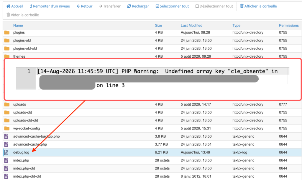 Fichier debug.log localisé dans le dossier wp-content, avec un aperçu d'une ligne d'erreur enregistrée, chemin d'accès masqué.