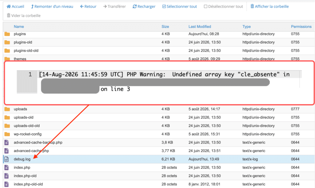 Fichier debug.log localisé dans le dossier wp-content, avec un aperçu d'une ligne d'erreur enregistrée, chemin d'accès masqué.