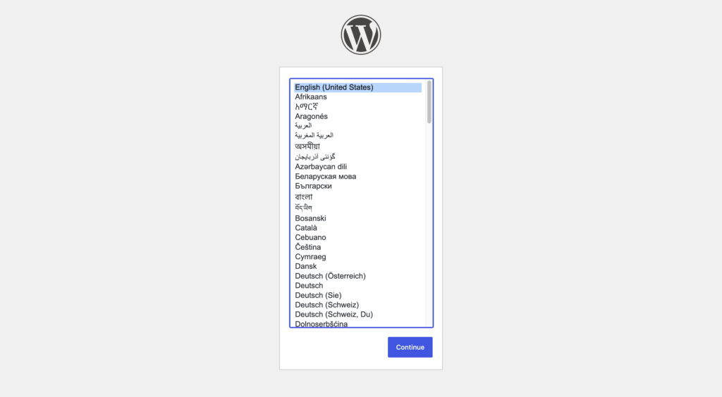Écran de sélection de la langue de l'assistant d'installation de WordPress, qui apparaît automatiquement quand le fichier wp-config.php est introuvable.