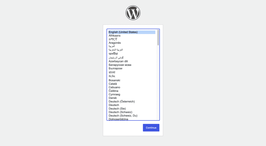 Écran de sélection de la langue de l'assistant d'installation de WordPress, qui apparaît automatiquement quand le fichier wp-config.php est introuvable.