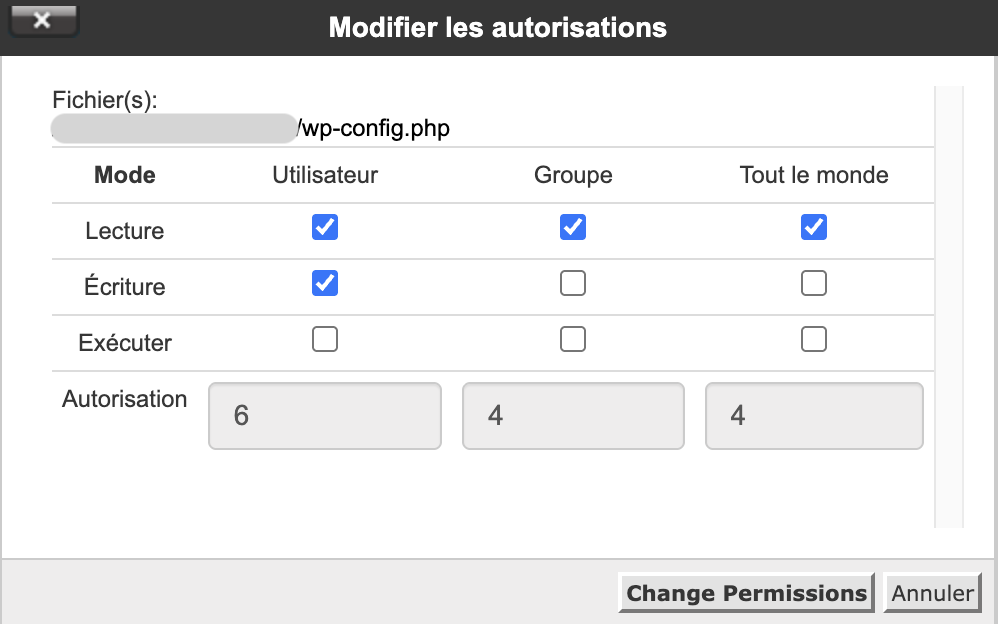 Fenêtre de modification des permissions avec des cases à cocher pour Lecture, Écriture et Exécuter selon trois colonnes, Utilisateur, Groupe et Tout le monde.