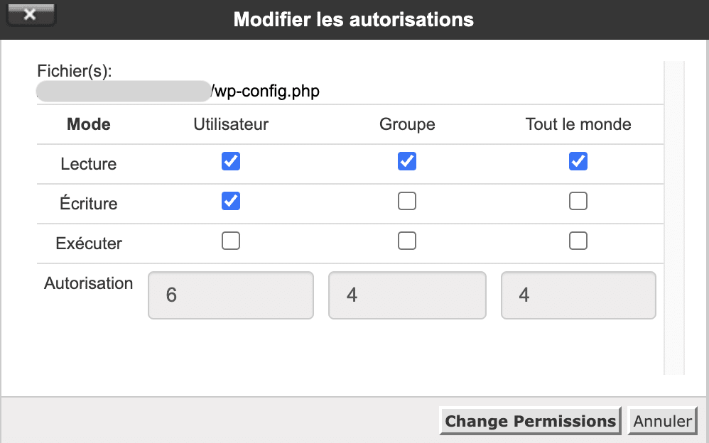 Fenêtre de modification des permissions avec des cases à cocher pour Lecture, Écriture et Exécuter selon trois colonnes, Utilisateur, Groupe et Tout le monde.