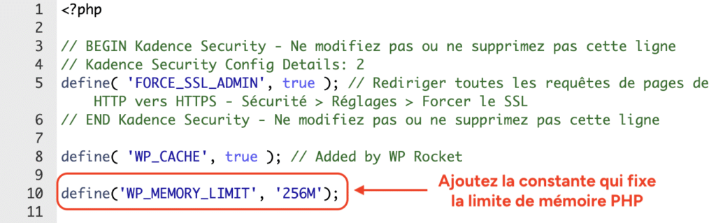 Fichier wp-config.php avec la constante WP_MEMORY_LIMIT ajoutée à la valeur 256M.