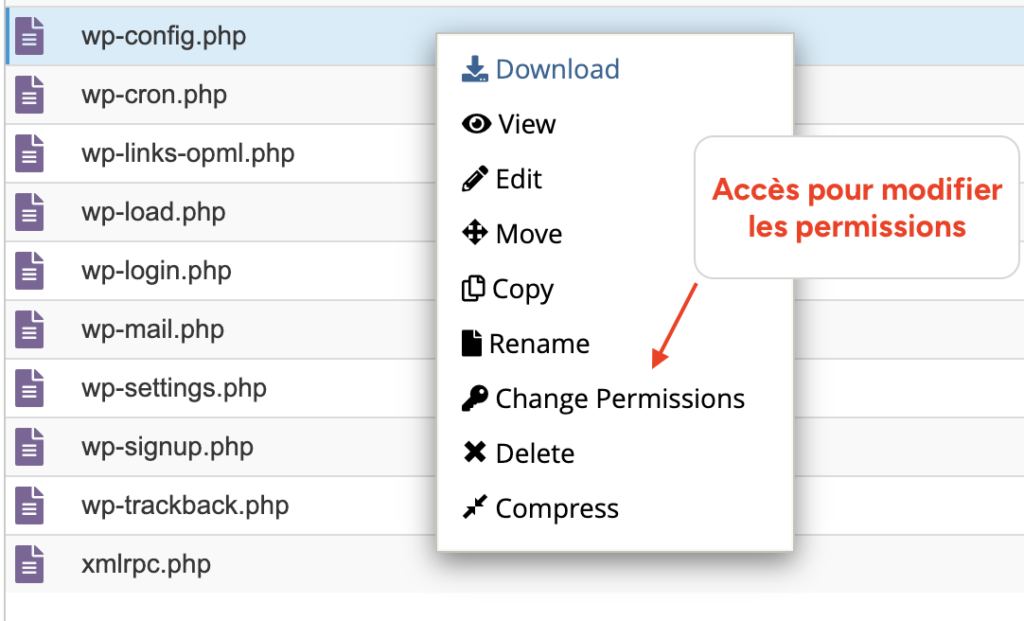 Menu contextuel du gestionnaire de fichiers avec l'option "Change Permissions" en surbrillance.