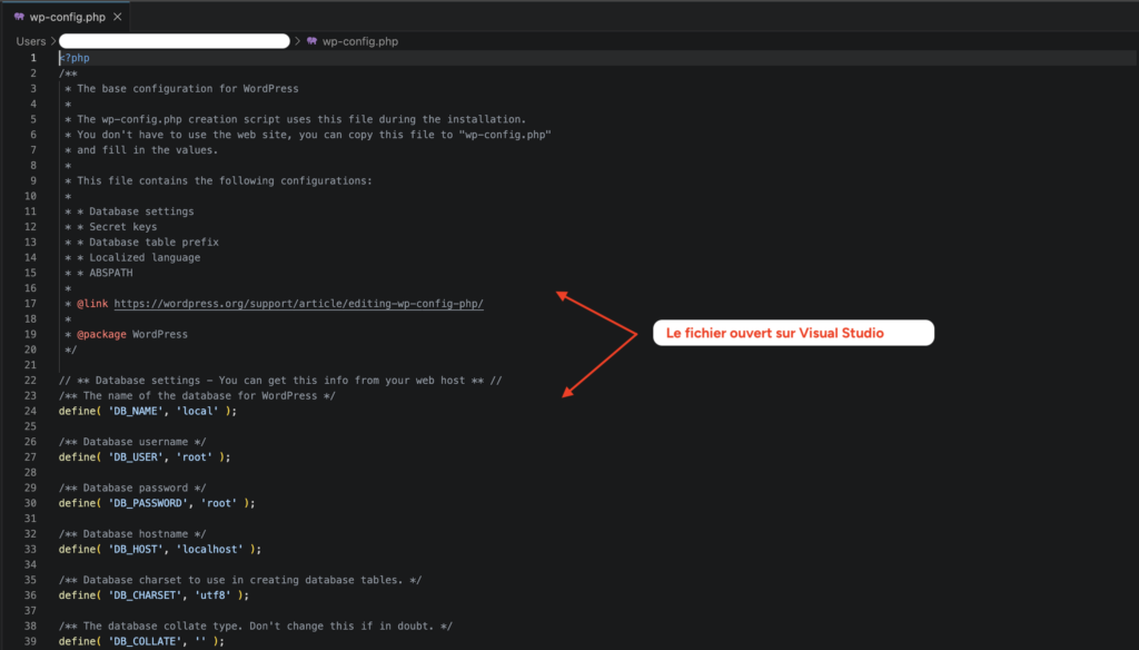 Le fichier wp-config.php ouvert dans un éditeur de code, ici Visual Studio Code.