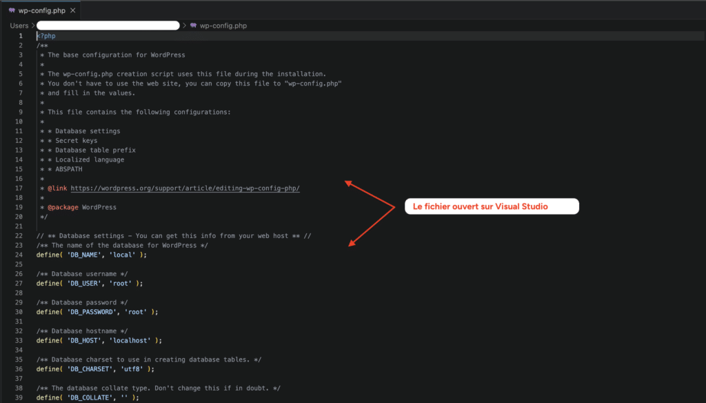Le fichier wp-config.php ouvert dans un éditeur de code, ici Visual Studio Code.