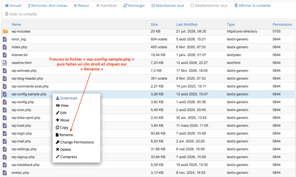 Menu contextuel du gestionnaire de fichiers avec l'option "Rename" en surbrillance sur le fichier wp-config-sample.php.