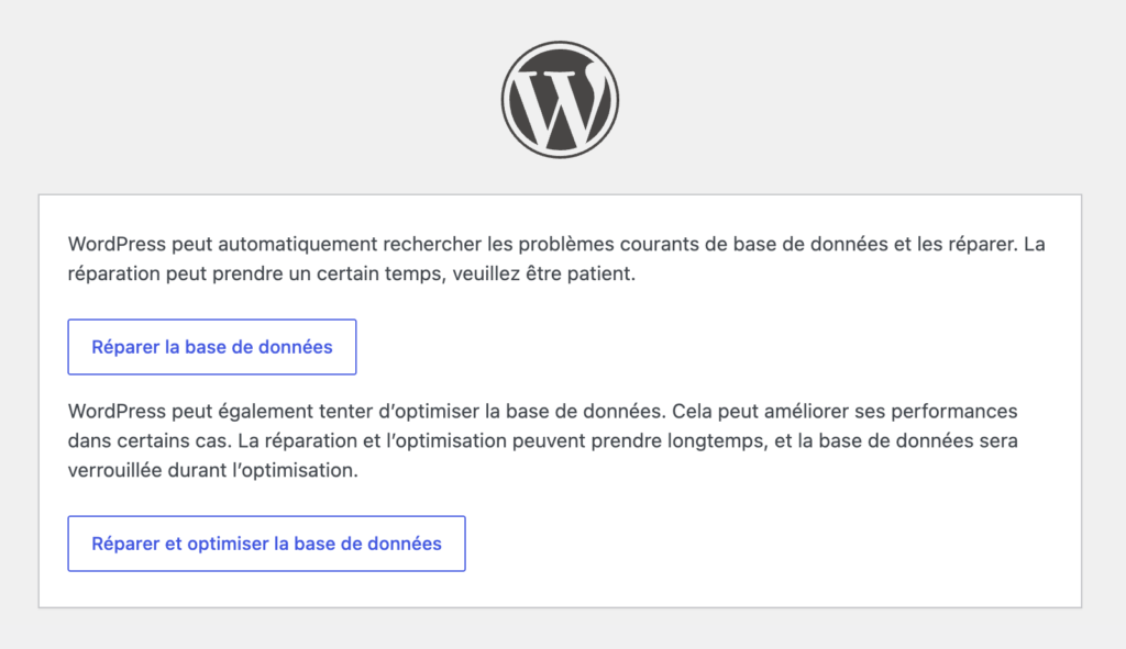 Écran de réparation automatique de WordPress avec les boutons "Réparer la base de données" et "Réparer et optimiser la base de données".