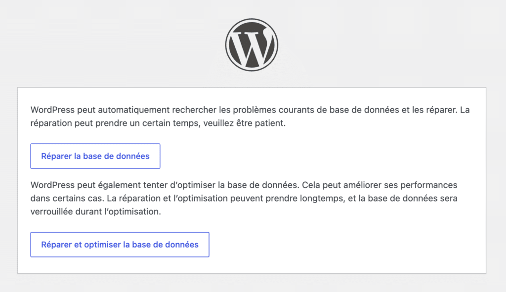 Écran de réparation automatique de WordPress avec les boutons "Réparer la base de données" et "Réparer et optimiser la base de données".