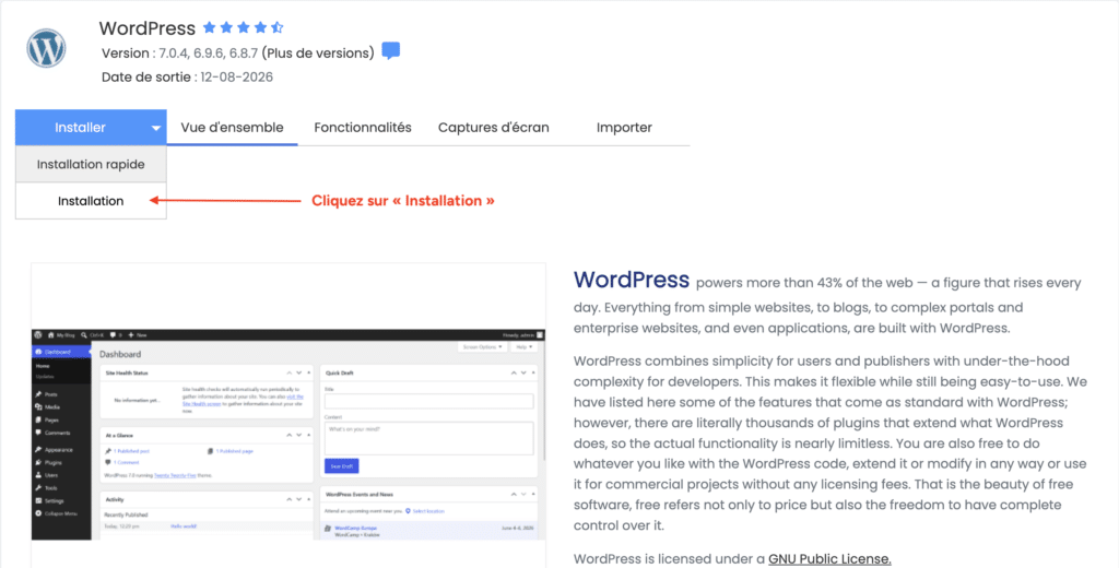 Écran de présentation de WordPress dans Softaculous avec le menu "Installer" ouvert et l'option "Installation" en surbrillance.