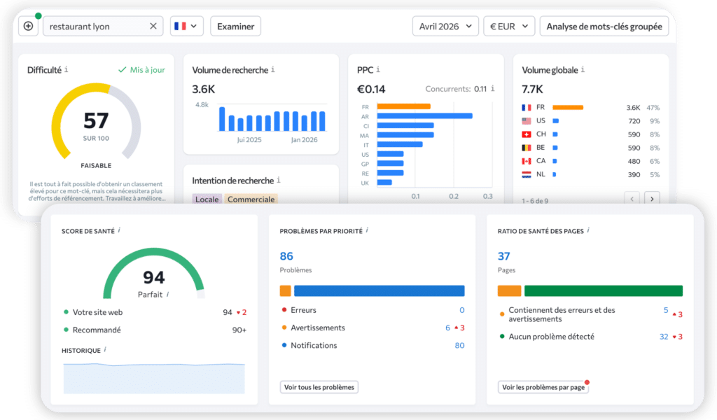 Captures d'écran de l'outil SEO SE Ranking, montrant une fenêtre d'analyse d'un mot-clé et une autre fenêtre avec le résultat d'un audit technique.