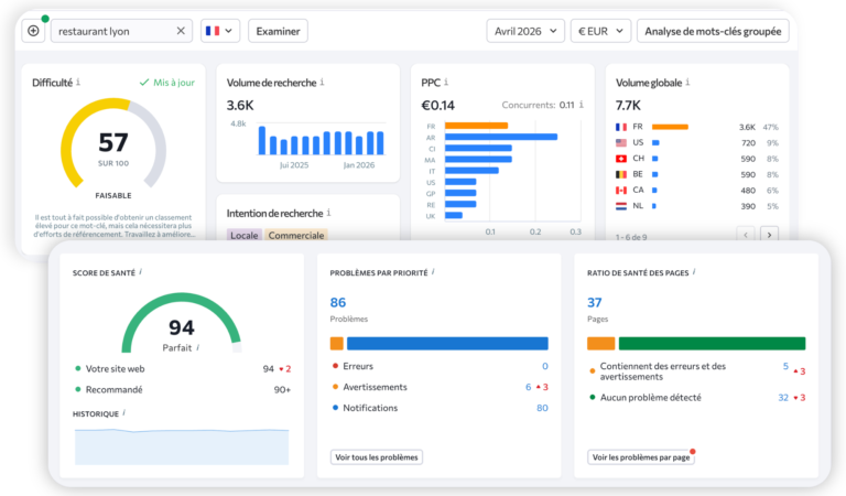 Captures d'écran de l'outil SEO SE Ranking, montrant une fenêtre d'analyse d'un mot-clé et une autre fenêtre avec le résultat d'un audit technique.